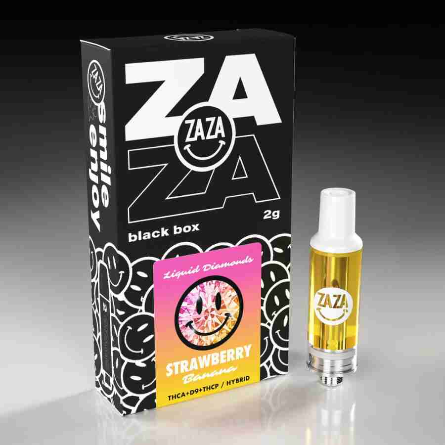 A bottle of strawberry e-liquid next to a box containing Zaza Black Box Liquid Diamonds Cartridges 2g.