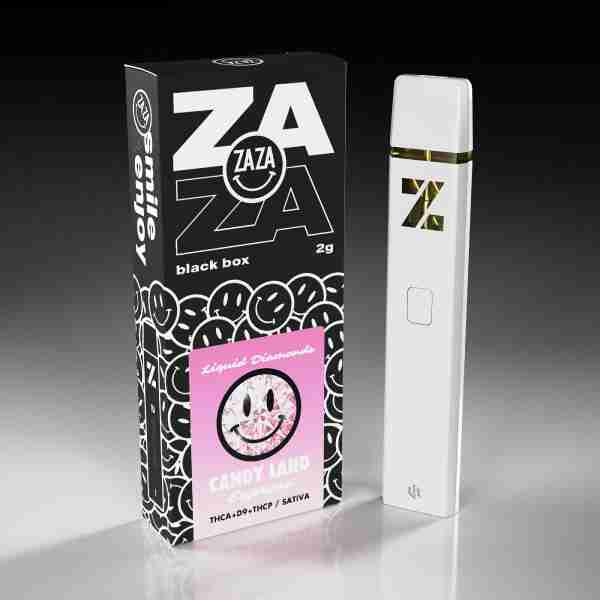 A pink and white Zaza Blackbox Liquid Diamonds Disposable Vapes 2g with a smiley face on it designed for Zaza disposable vapes.