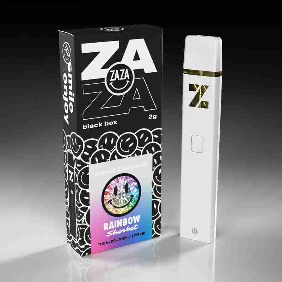 A white Zaza Blackbox Liquid Diamonds Disposable Vapes 2g with a box of Zaza Blackbox Liquid Diamonds Disposable Vapes 2g next to it.