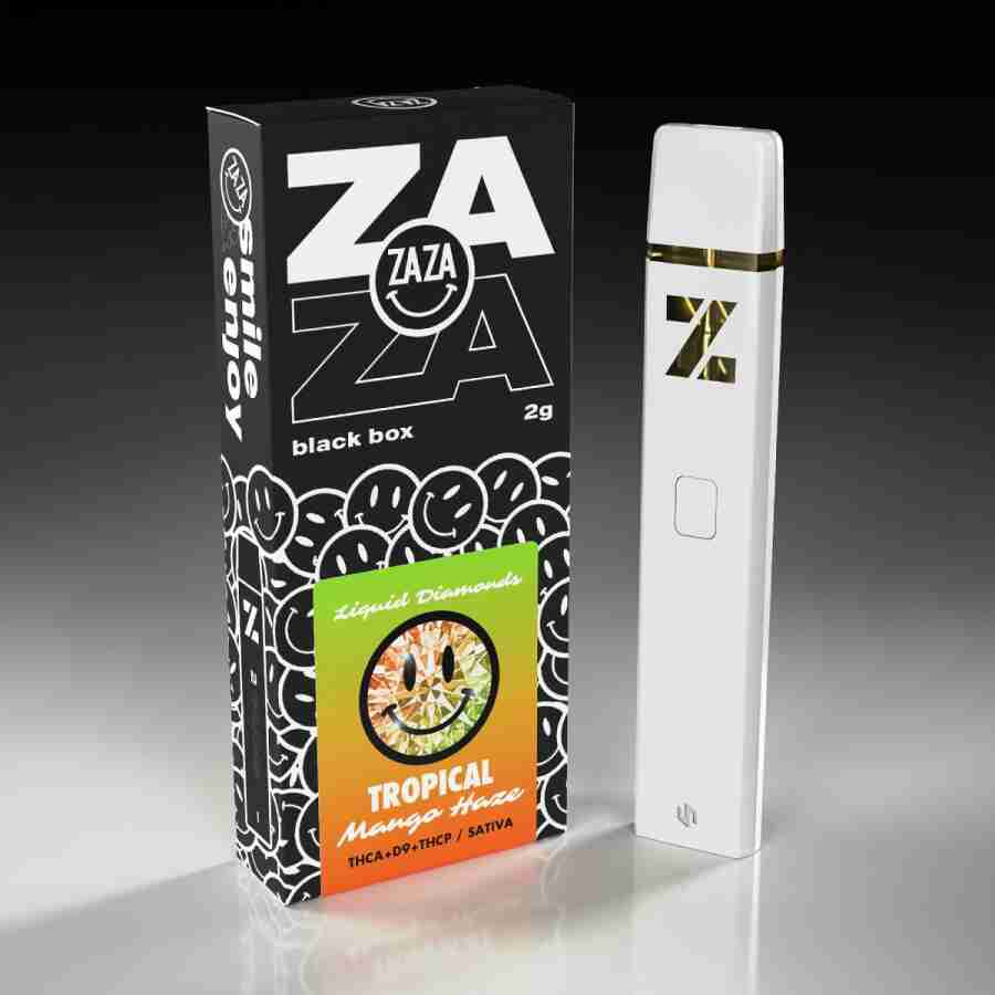A box of Zaza Blackbox Liquid Diamonds Disposable Vapes 2g e-cigarettes next to a white box.
