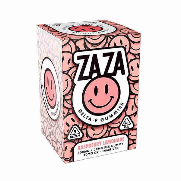 A Zaza Delta-9 THC Gummies 400mg 20pc box with a smiley face on it.