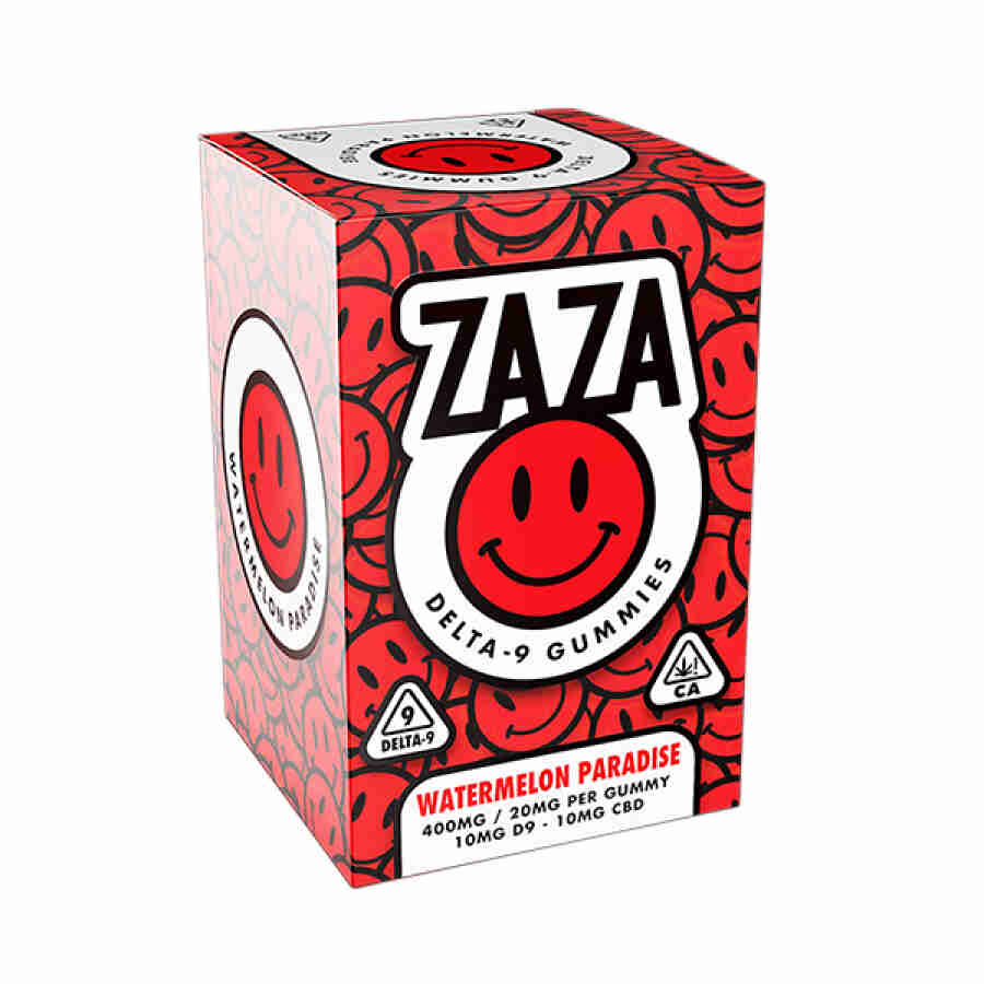 A box of Zaza Delta-9 THC Gummies 400mg 20pc with a smiley face on it.