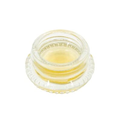 A small glass container with a yellow 3CHI Delta-8 THC CDT Sauce 1g lid.