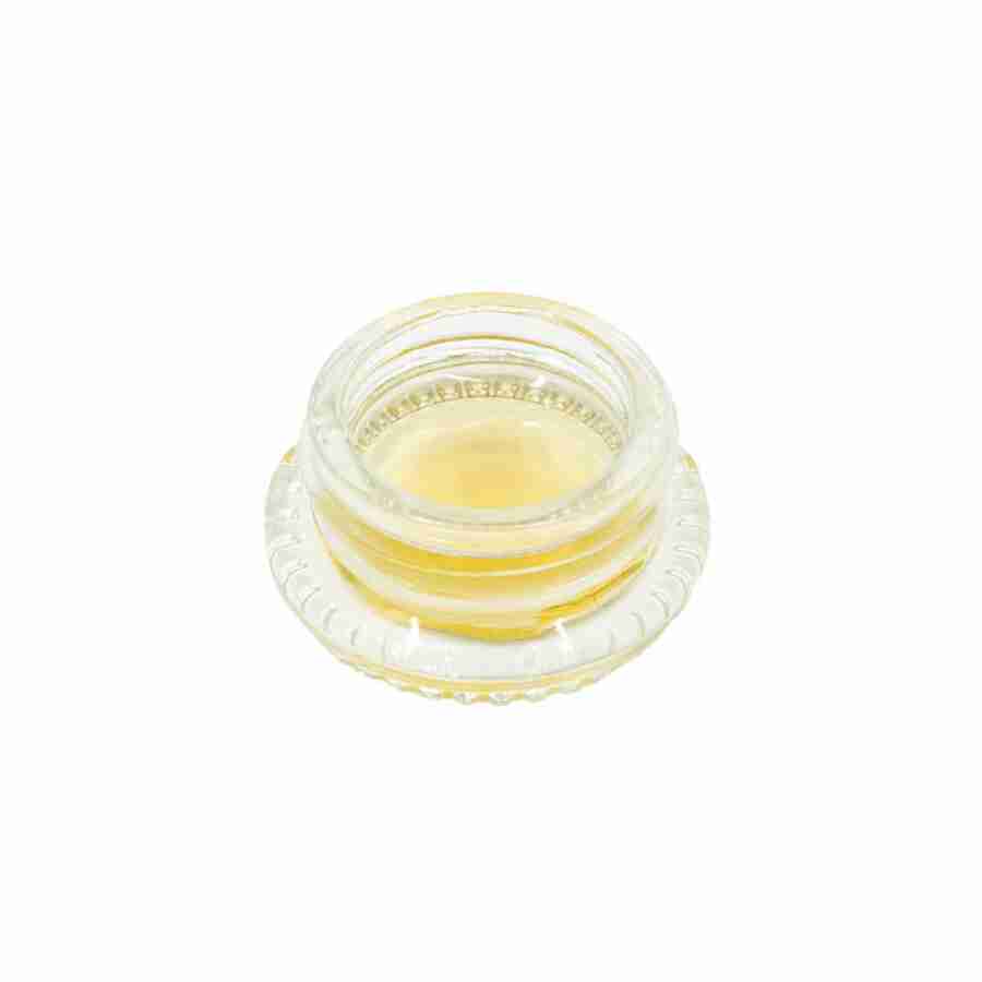 A small glass container with a yellow 3CHI Delta-8 THC CDT Sauce 1g lid.