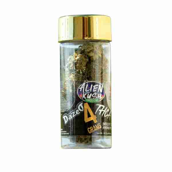 A jar of Dazed8 THC-A Premium Indoor Flowers 4g with a gold lid.