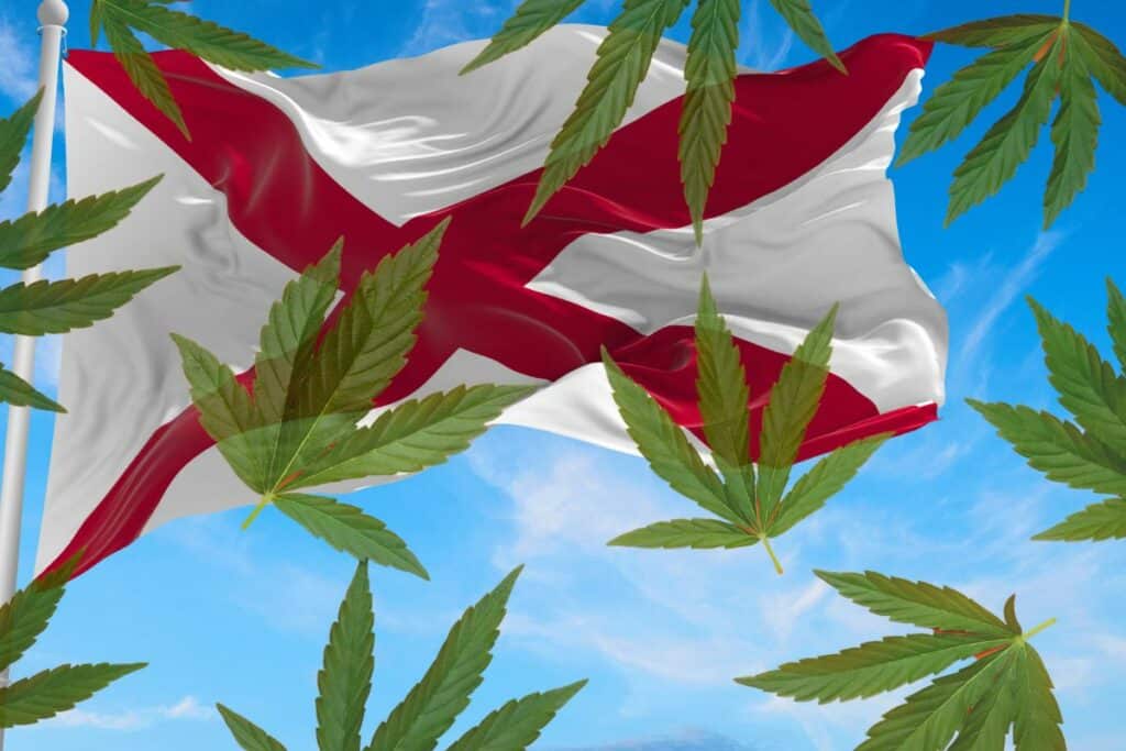 Alabama flag with marijuana leaves in the background