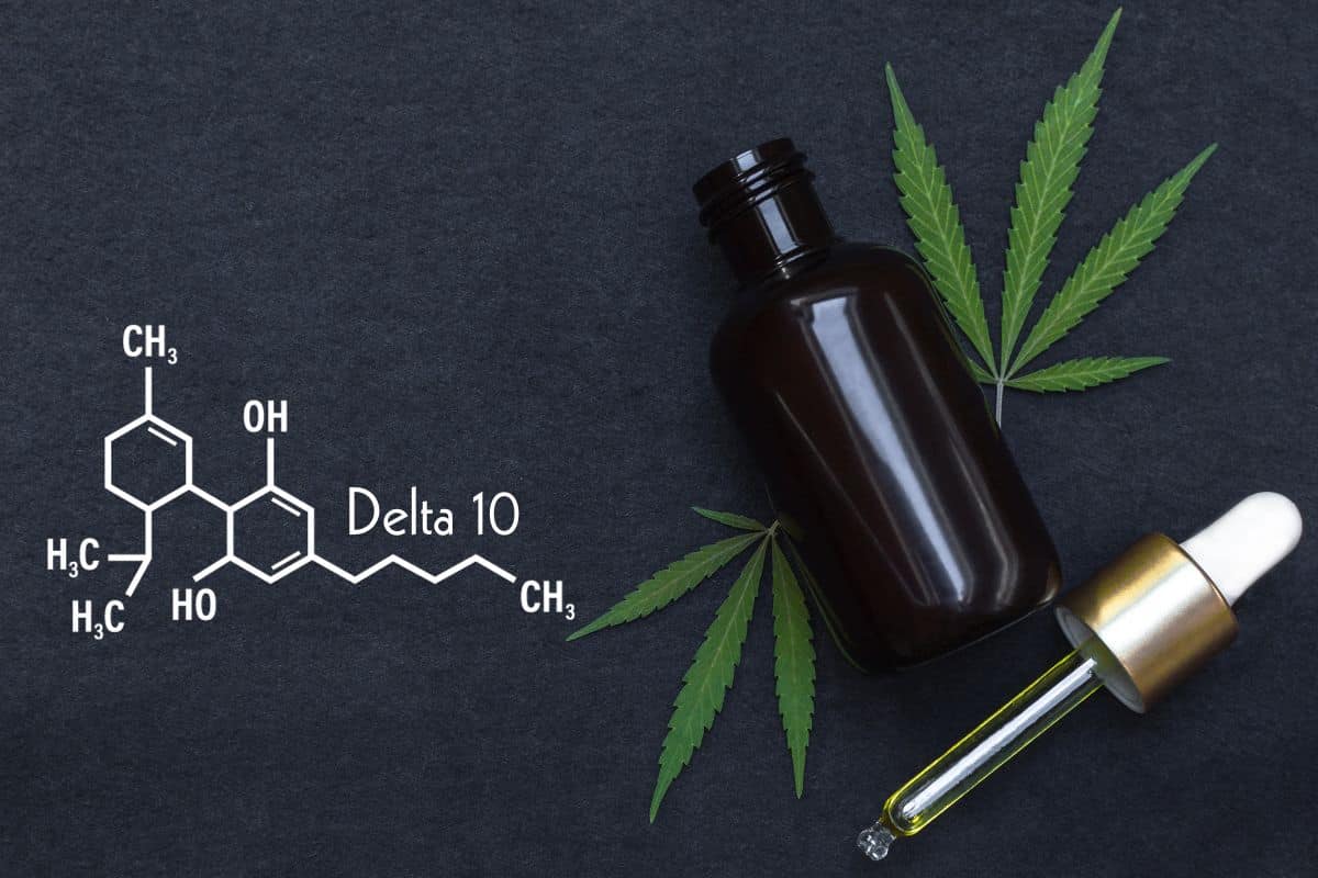 Delta 10 in a bottle with marijuana leaf
