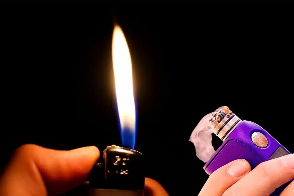 Lighting up vape with the help of lighter carefully