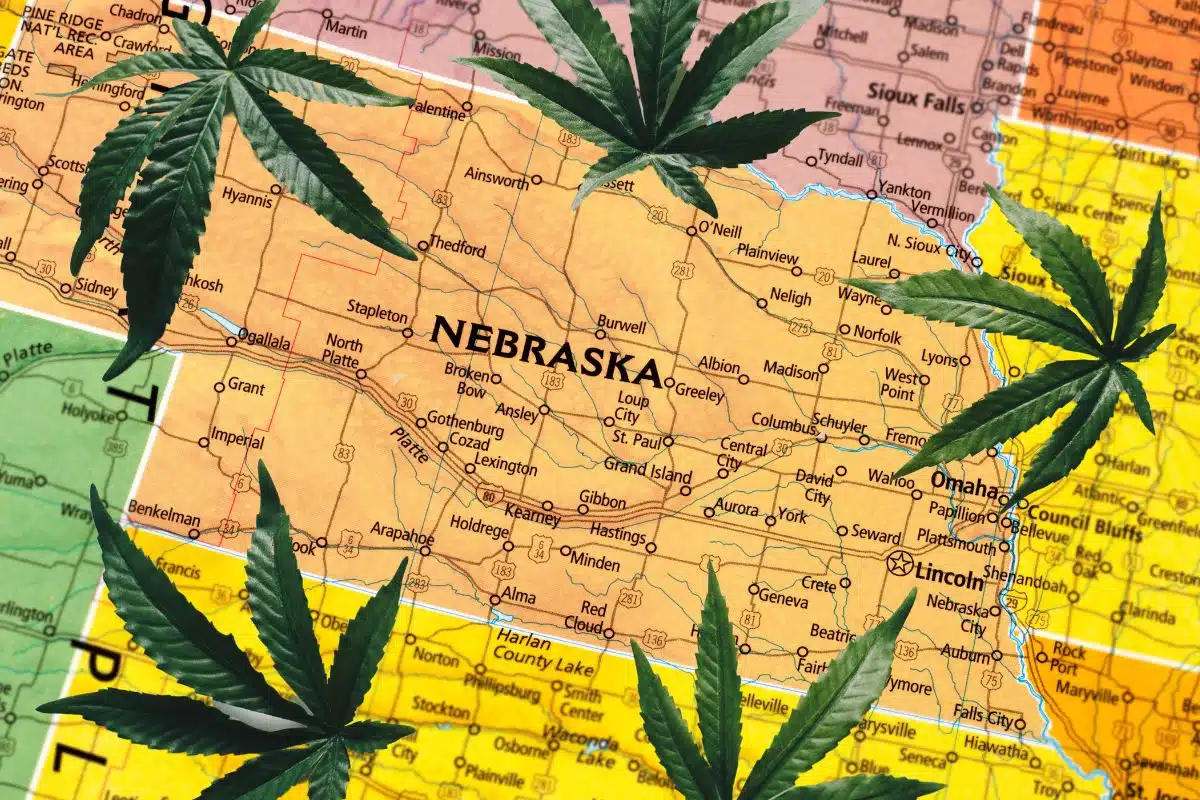 Legal status of delta 9 in Nebraska depicted through cannabis leaves on a map.