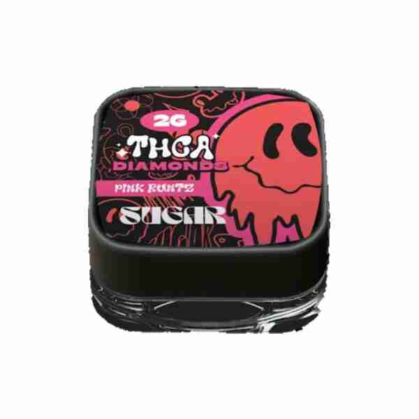 A tin with a black lid and a red lid, containing Trippy Sugar THCA Diamonds Dab 2g pink runtz strain flavor