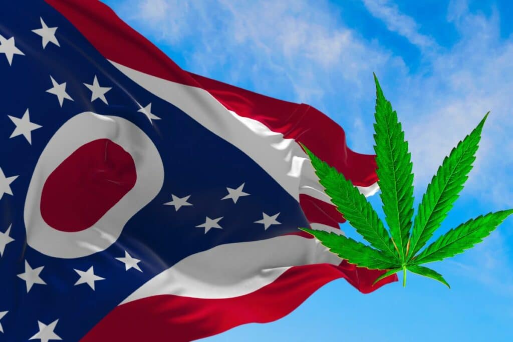 Ohio flag and a leaf of weed together
