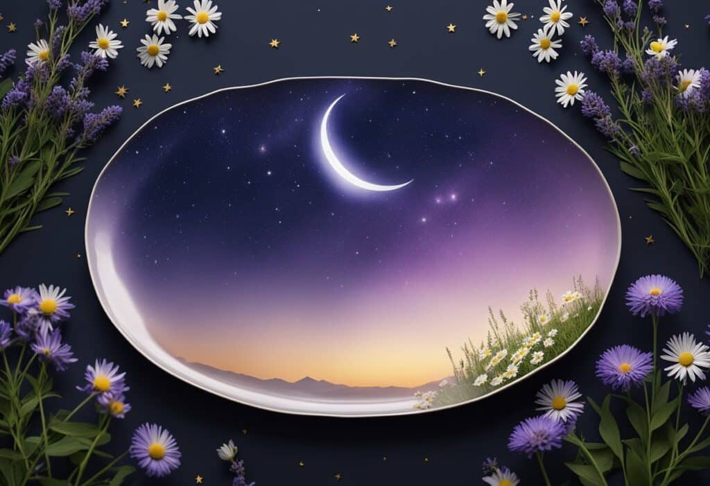 A plate with a moon and flowers on it, showcasing the best edibles for anxiety and insomnia.
