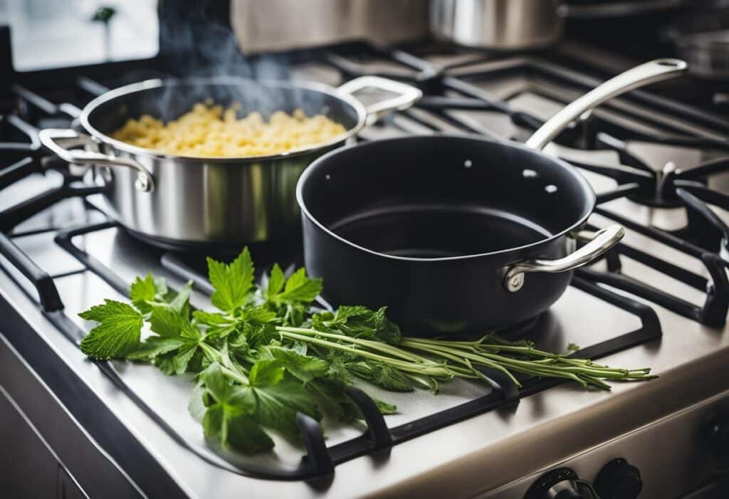 A pot of pasta and herbs on a stove top, simmering to create a flavorful dish.
