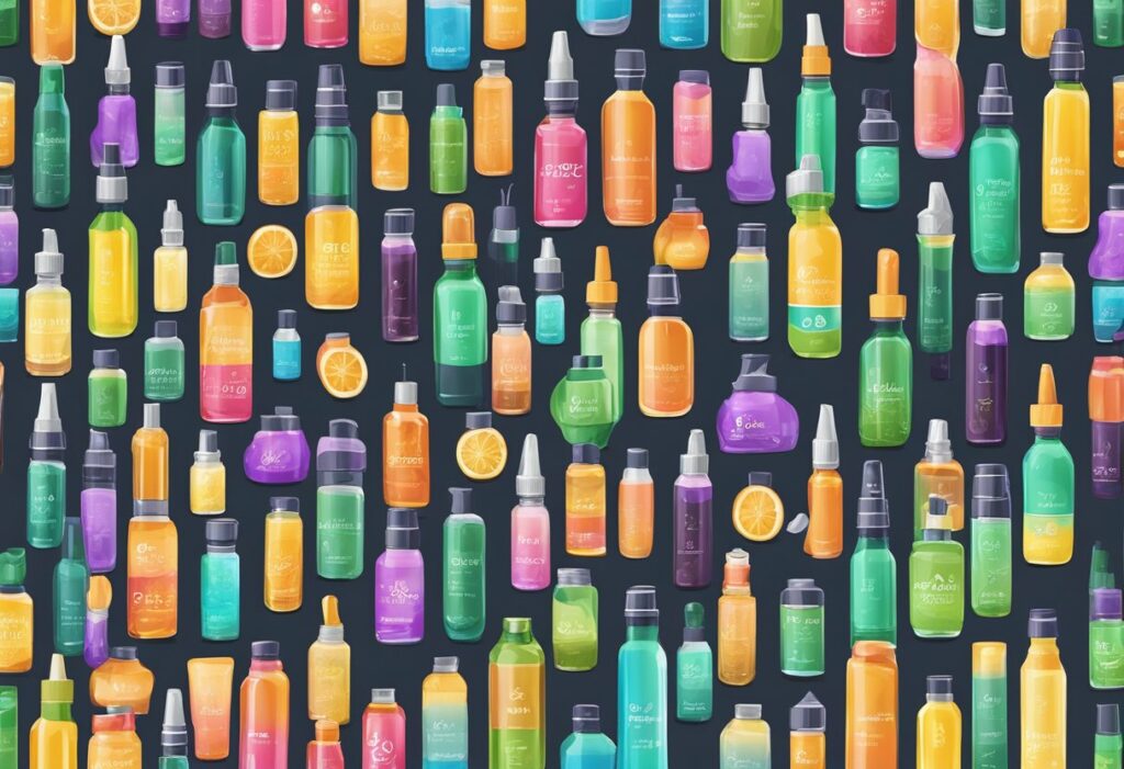 A seamless pattern with many different bottles of cosmetics, including the best CBD vape juices.