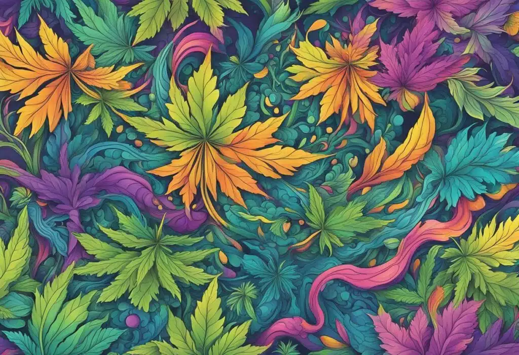 Colorful marijuana leaves in a seamless pattern featuring most euphoric cannabis strains.