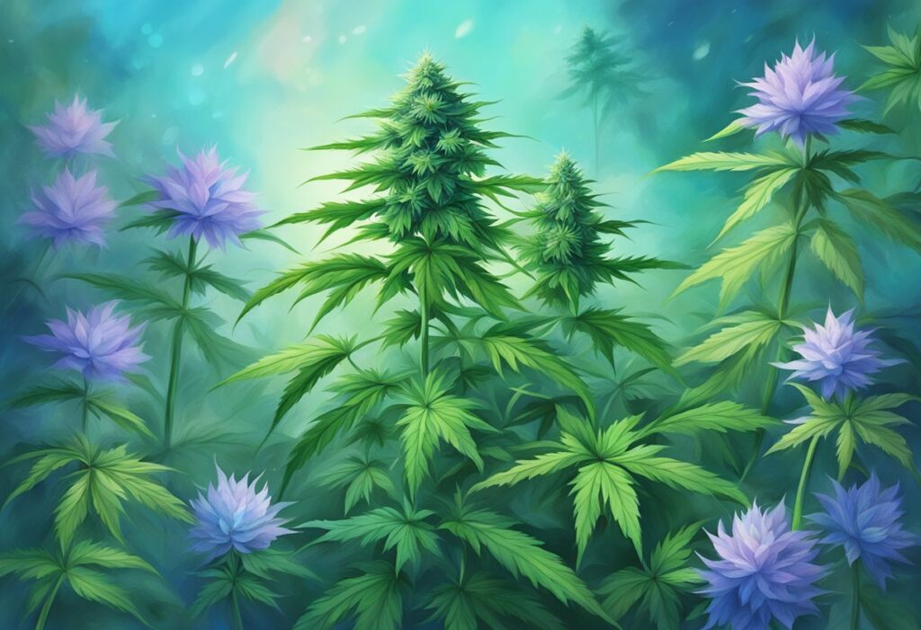 A mesmerizing painting capturing the serenity of marijuana plants thriving in a lush forest setting, reminiscent of the renowned Blue Dream strain.