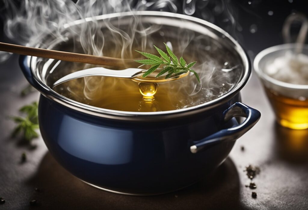 A pot of soup with steam coming out of it, featuring a method for making weed stem tea.