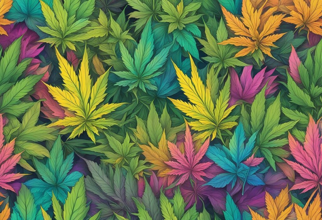 Colorful marijuana leaves in a seamless pattern showcasing the most euphoric cannabis strains.