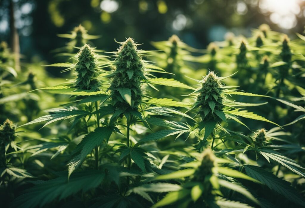 Cannabis plants in a field with sunlight shining on them, stimulating the appetite with their tantalizing terpenes.