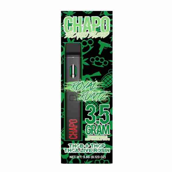A package of the Chapo Sicario Blend Disposable Vape Pens 3.5g in black and green, containing 3.5g.