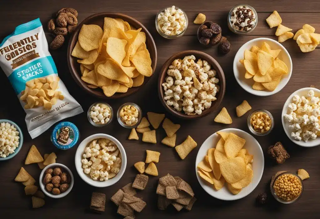 Various bowls of chips and nuts on a wooden table, perfect for indulging in the best stoner snacks.