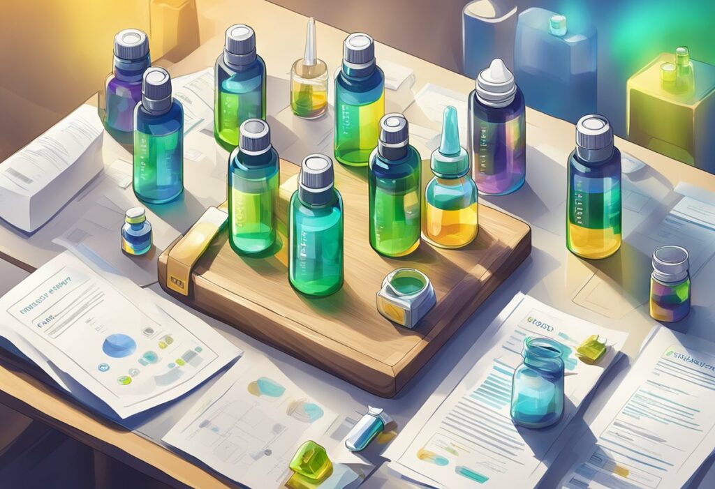 Isometric illustration of bottles and papers on a table showcasing the best CBD vape juices.