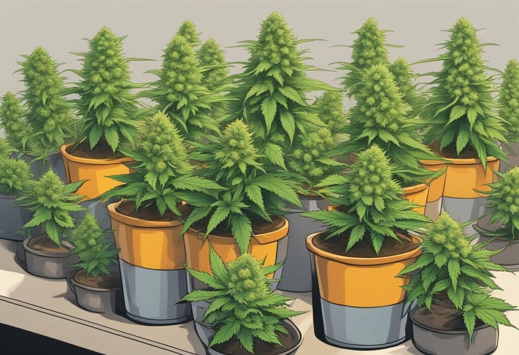 Euphoric cannabis plants in pots on a table.