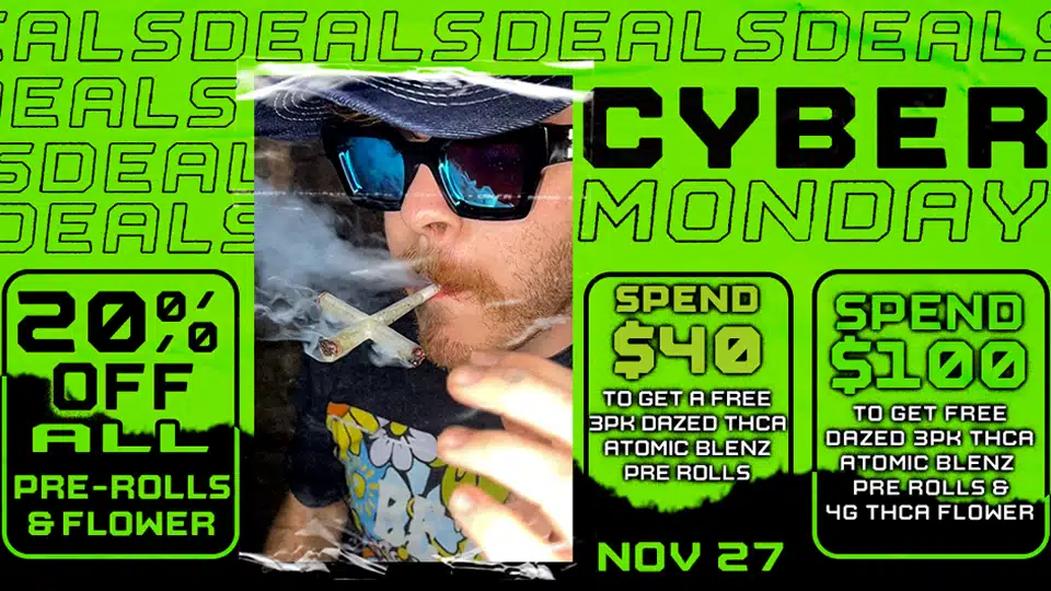 A flyer with enticing Cyber Monday deals featuring a man smoking a cigarette.