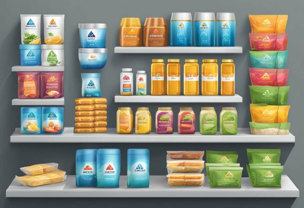 A diverse range of food and beverage products, including delivery services, displayed on shelves.