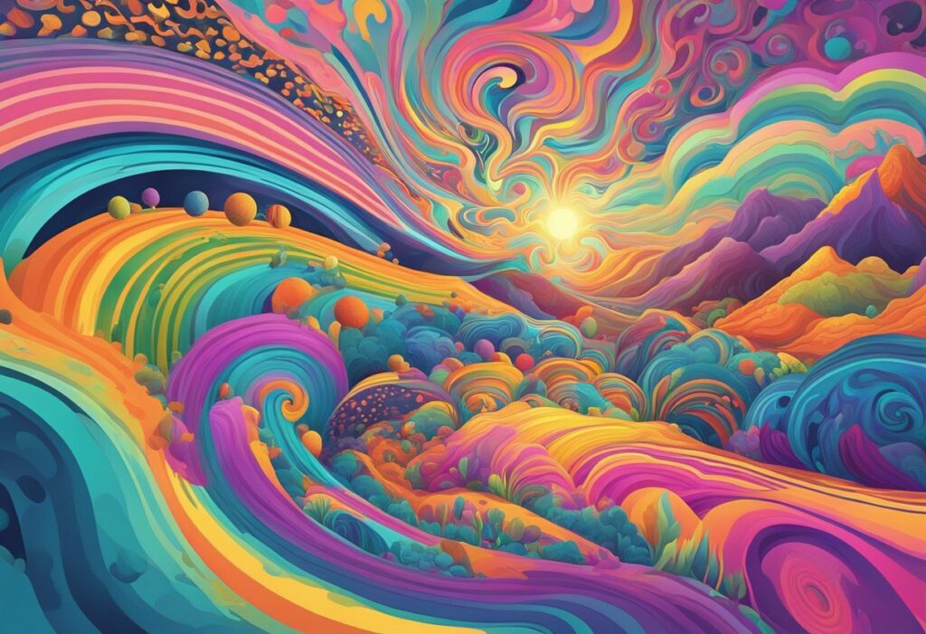 Psychedelic painting with colorful swirls in the sky inspired by most euphoric cannabis strains.