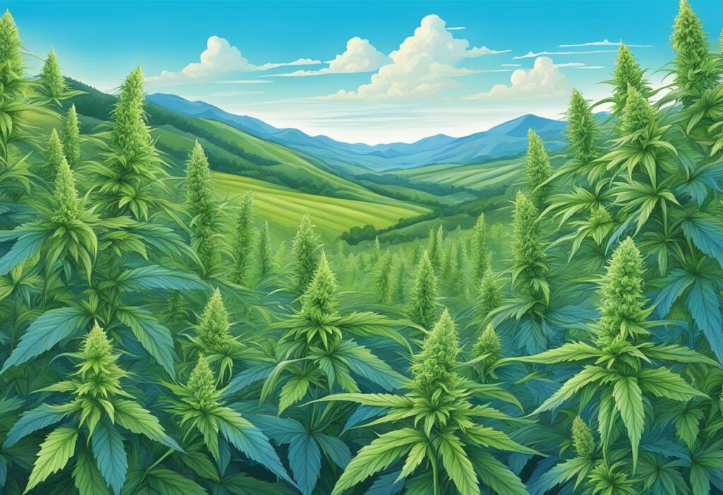 An illustration of a hemp field with mountains in the background, inspired by the calming effects of the Blue Dream strain.