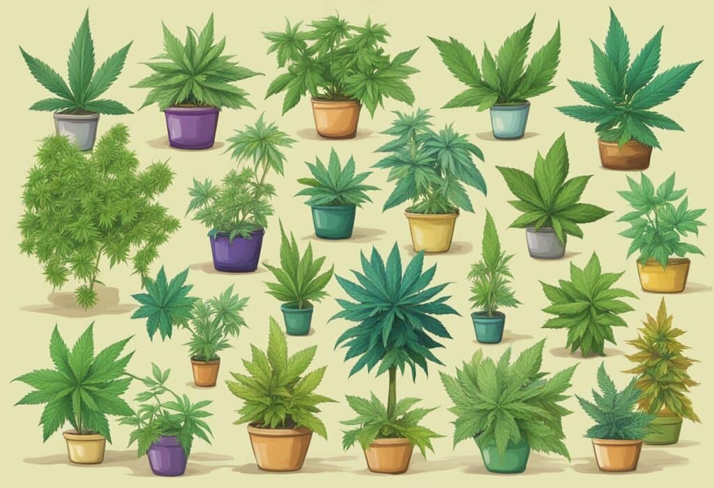 Various euphoric marijuana plants in pots on a beige background.