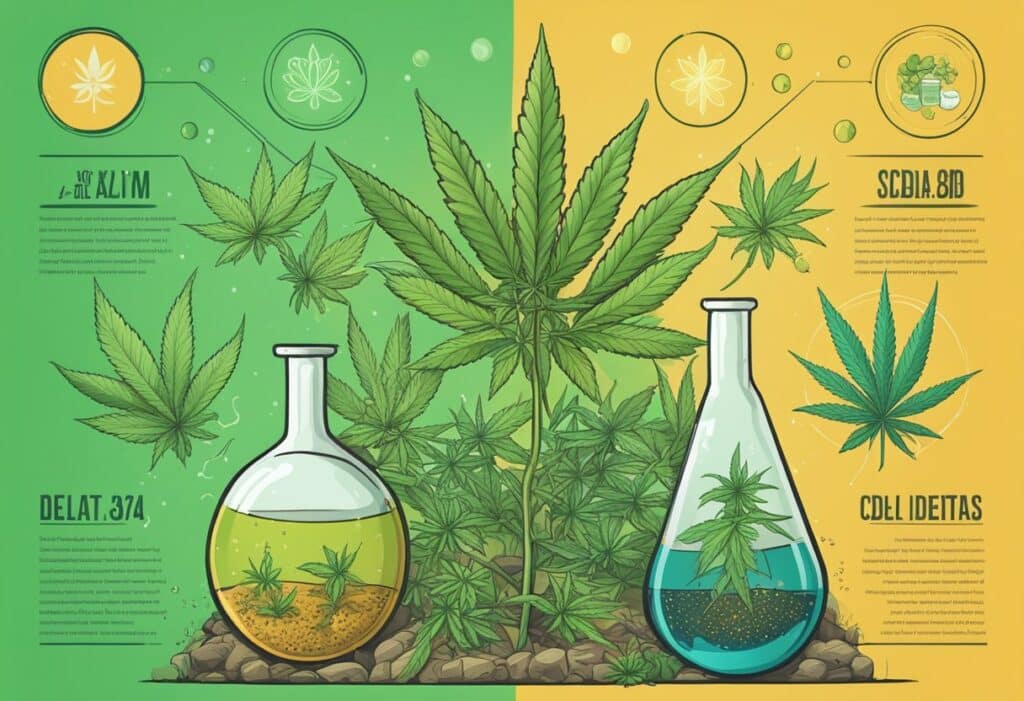 A set of beakers with Delta 8 and Full Spectrum CBD marijuana plants in them.