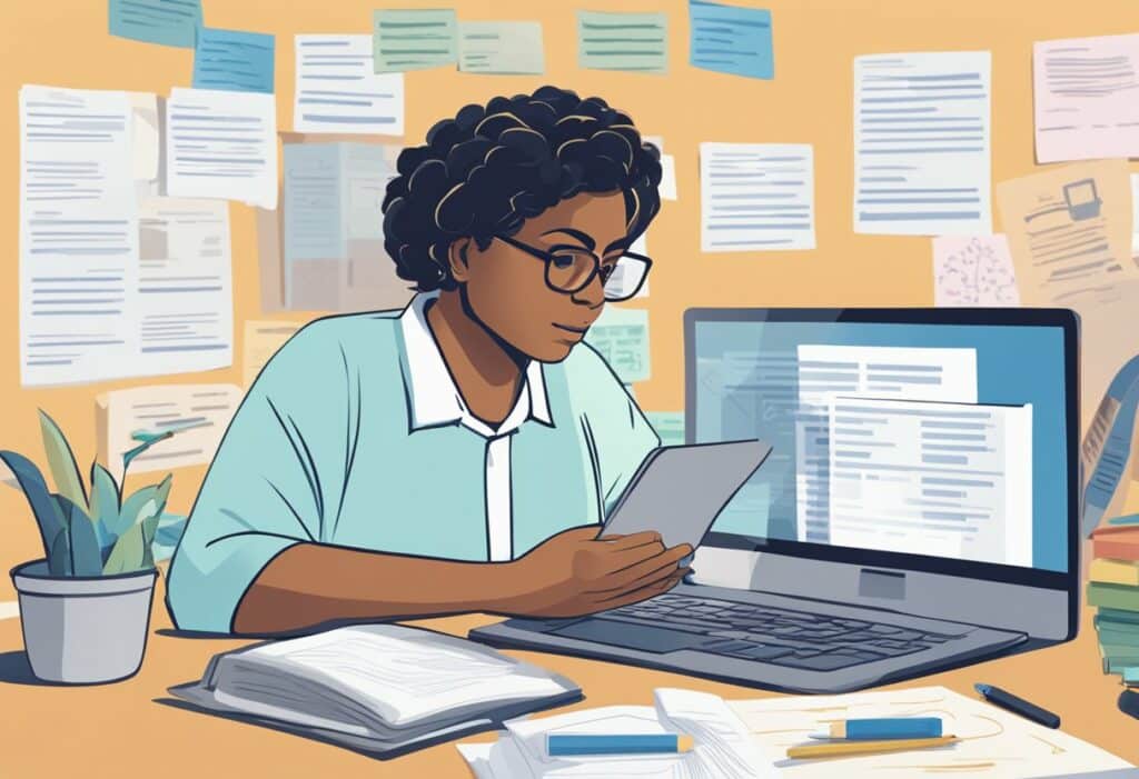An illustration of a woman working at a desk with a laptop, staying focused on her tasks.