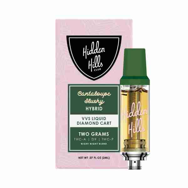 A bottle of CBD oil with a box of Hidden Hills Club Night Night Blend VVS Liquid Diamonds 510 Cartridges 2g.