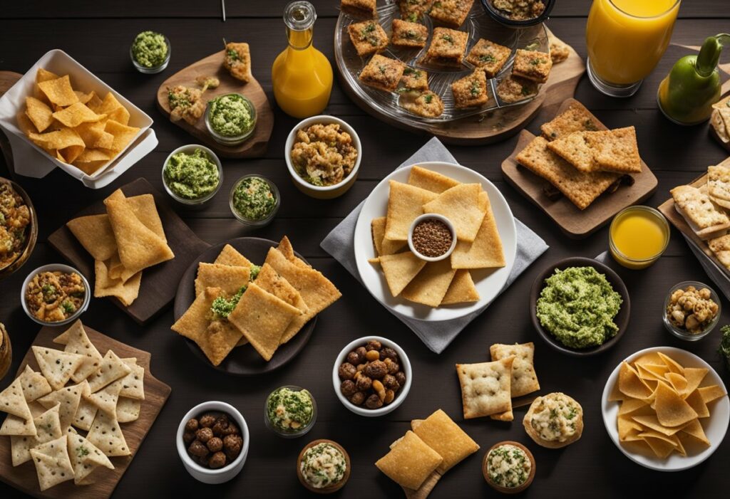 The best stoner snacks and a variety of drinks are arranged on a table.