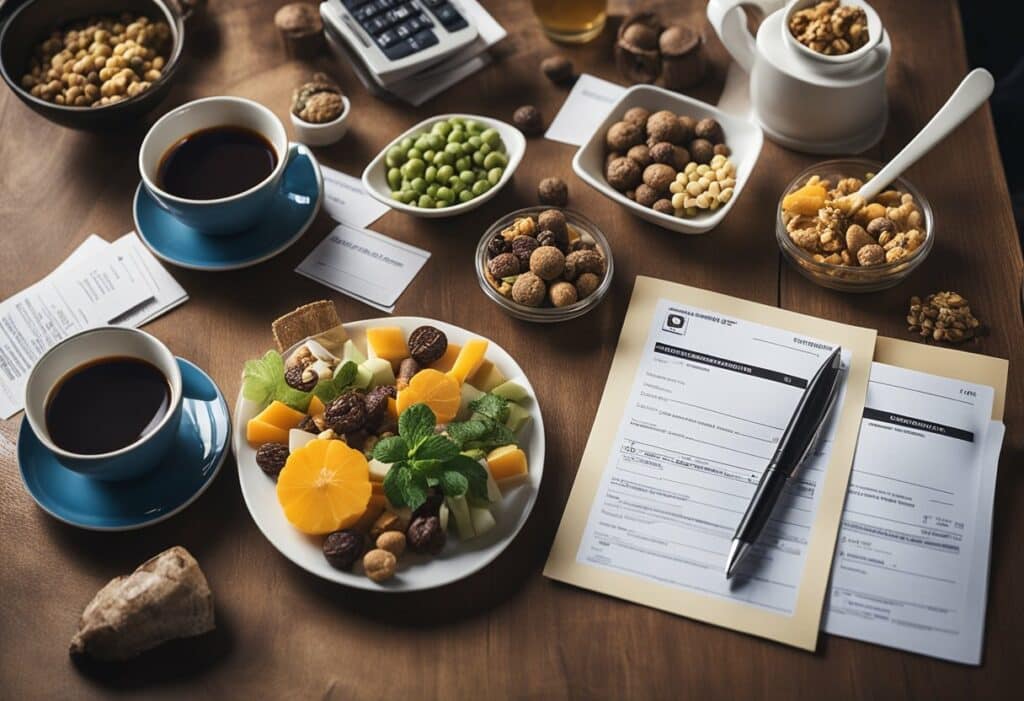 A plate of food and a cup of coffee on a wooden table, offering some of the best edibles for anxiety and insomnia.