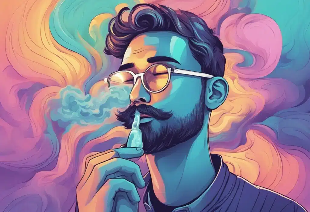 An illustration of a man smoking a cigarette and enjoying the best CBD vape juices.