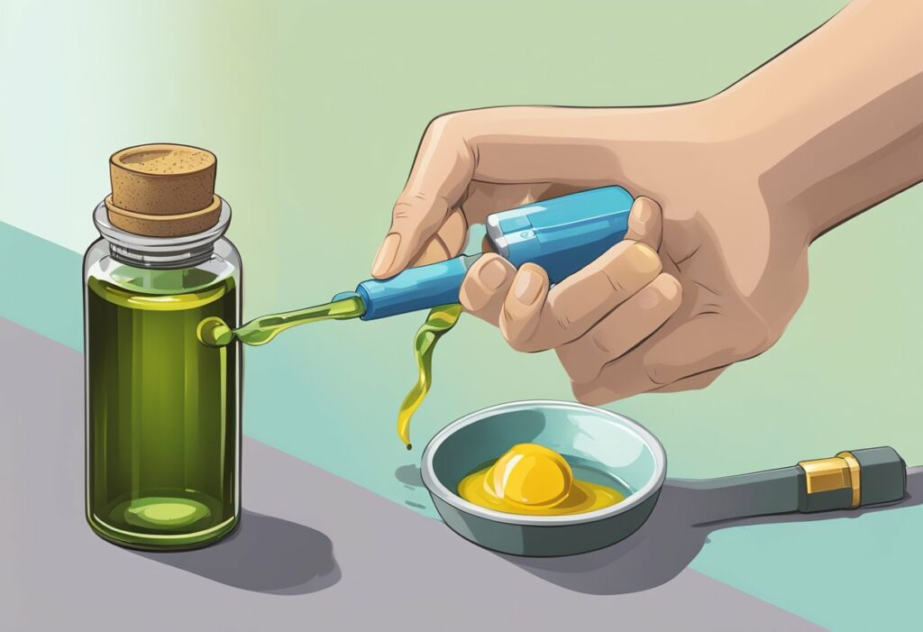 A hand is pouring a microdose of oil into a bowl.