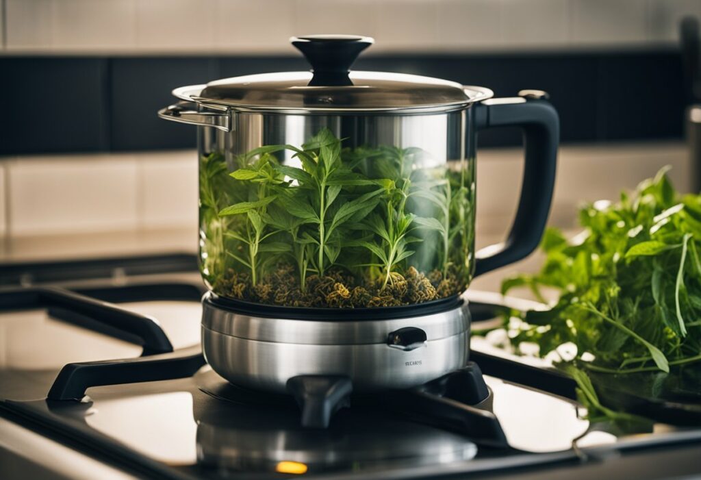 A pot of greens simmering on top of a stove.
