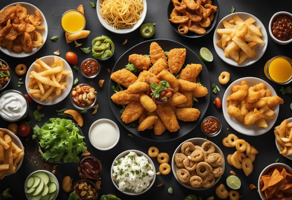 A variety of fried foods, the best stoner snacks, on a black background.