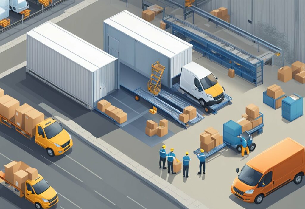 Isometric image of a warehouse with delivery trucks and boxes.