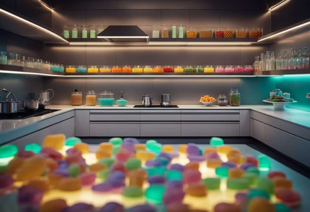A kitchen with colorful gummy bears on the counter, perfect for those seeking the best edibles for anxiety and insomnia.