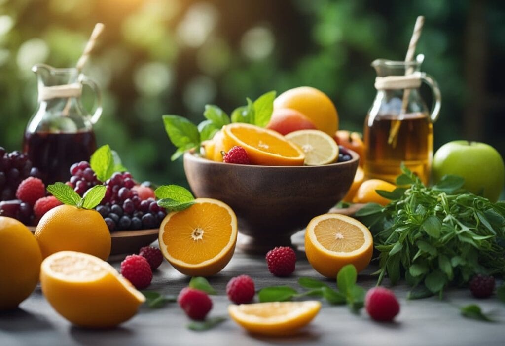 A bowl of oranges, lemons, and grapes on a wooden table.