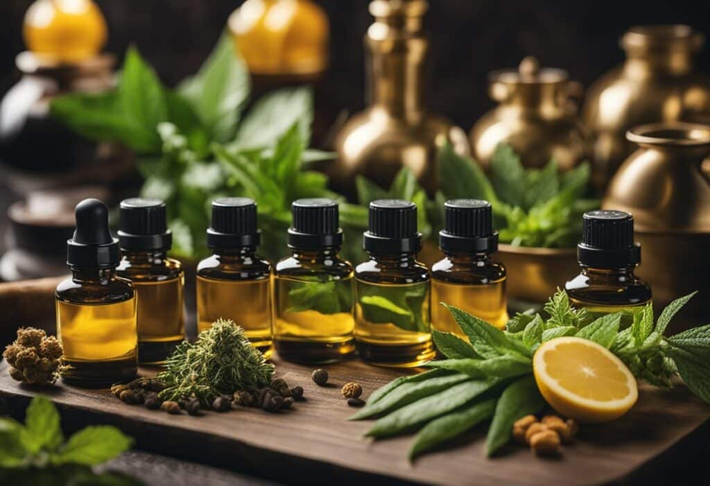 CBD essential oils and herbs, infused with terpenes, on a wooden table.