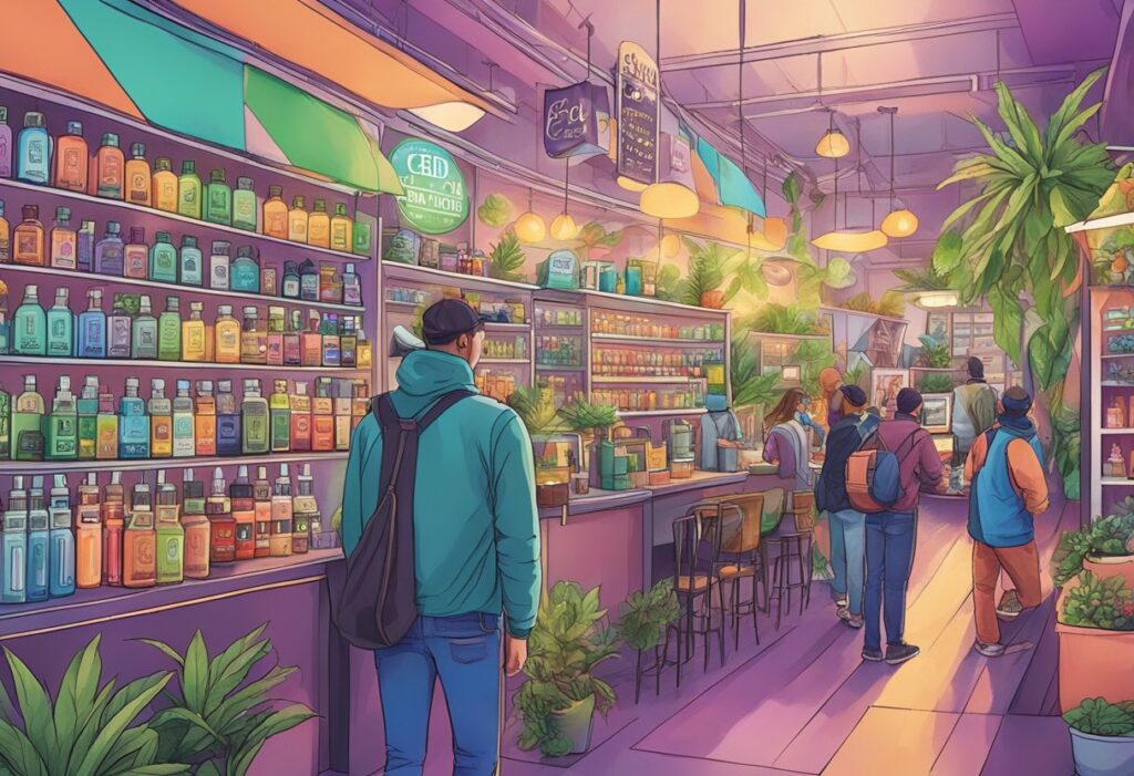 An illustration of a store with people in it that sells the Best CBD Vape Juices.