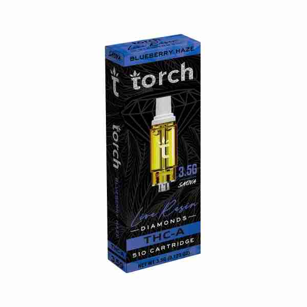 box of torch live resin 510 diamonds thca vape cartridge blueberry haze strain flavor