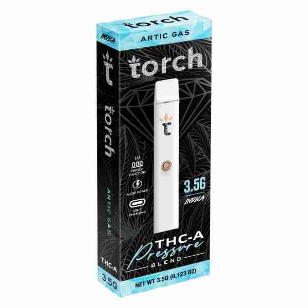 A box of Torch THC-A Pressure Cartridges 3.5g e-cigarettes, including Torch THC-A Pressure Cartridges 3.5g, in a white box.
