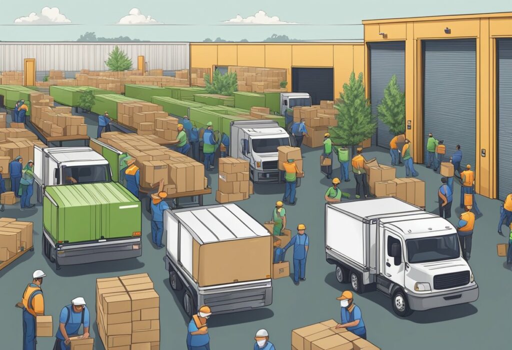 Isometric illustration of a warehouse full of Delta 8 Delivery trucks and boxes.