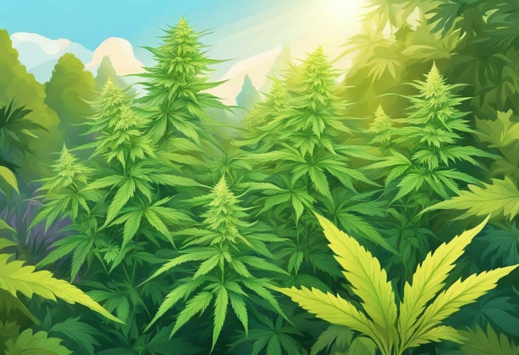 A sunlit marijuana plant in the forest, showcasing one of the most euphoric cannabis strains.